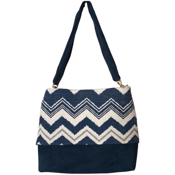 Boho Blue White Chevron Tapestry Velvet Large Handbag Purse Clutch like NEW - Picture 4 of 6
